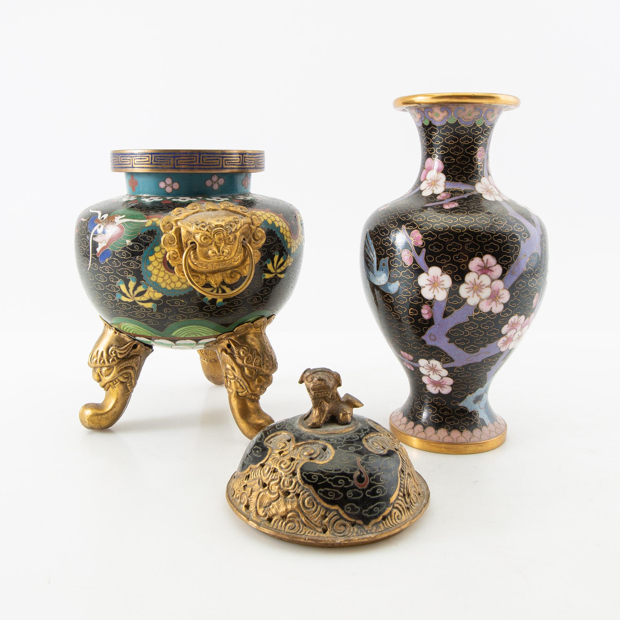 Vases 3 pcs and incense burner China cloisonné works 20th century.