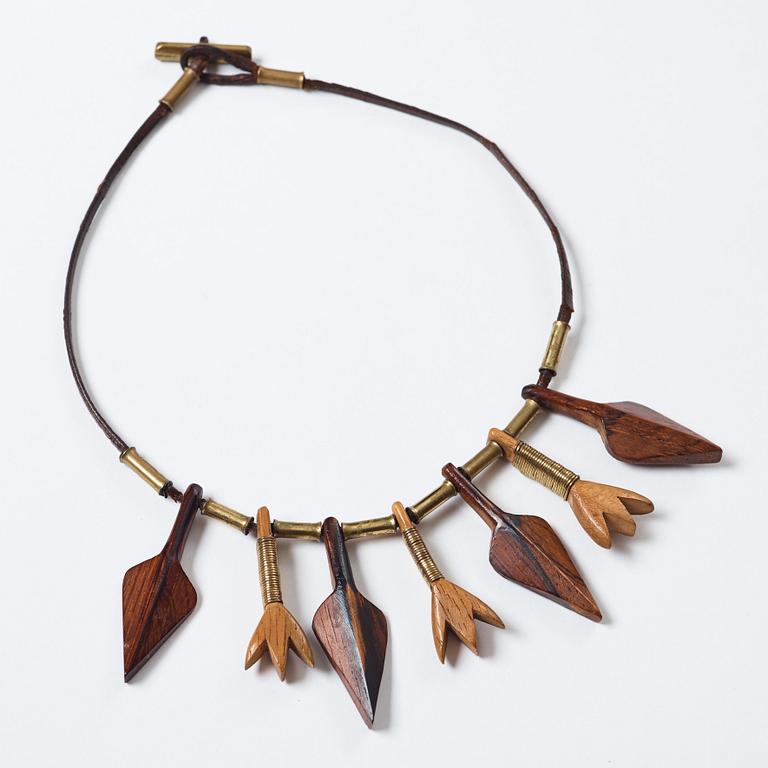 Vivianna Torun Bülow-Hübe, a leather necklace with brass and carved wooden details, Stockholm ca 1948.