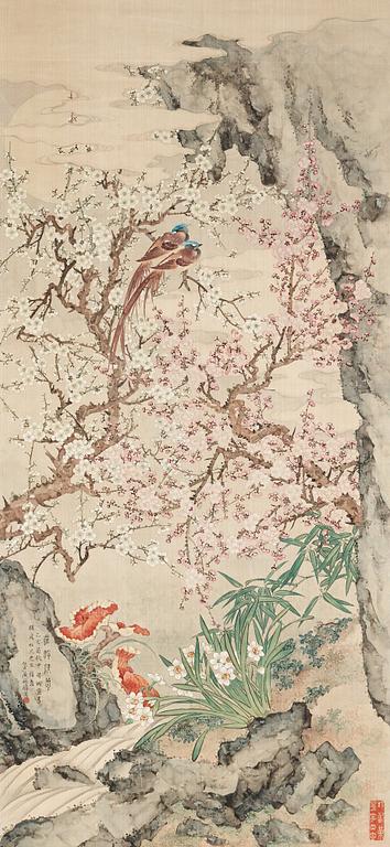 MÅLNING, blommande prunus och fåglar, Qu Zhaolin (1866-1937), signerad.