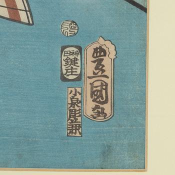 Utagawa Kunisada, färgträsnitt, 2 st, Japan, 1800-talets mitt.