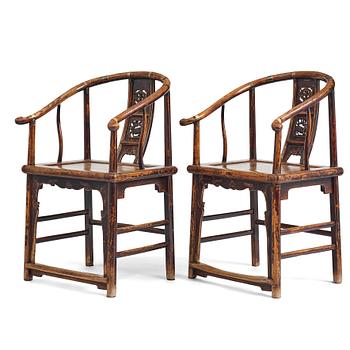 923. A pair of Chinese hardwood chairs, Qing dynasty, 19th Century.