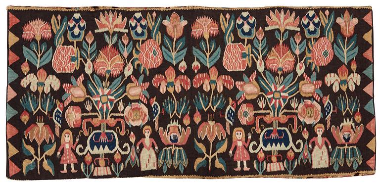 ÅKDYNA (agedyna). Flamskväv. "Urnor och par". 48,5 x 101,5 cm. Sydskåne 1800-tal. Troligen Torna härad.