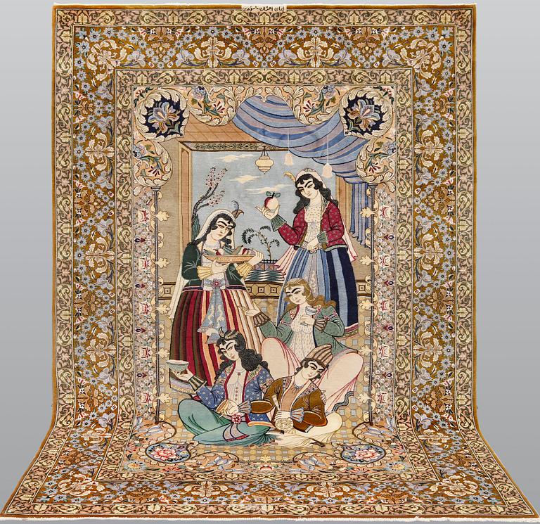 A pictoral part silk, Esfahan rug, signerad, 240 x 158 cm.