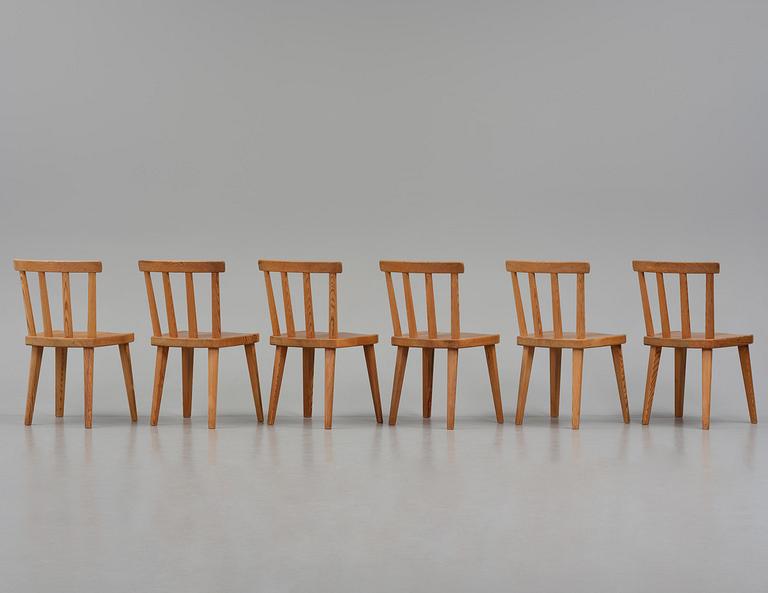 Axel Einar Hjorth, a set of six stained pine "Utö" chairs, Nordiska Kompaniet, Sweden, 1930s.