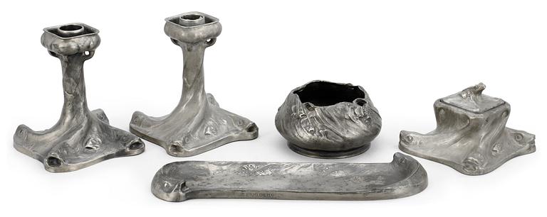 An Olof Ahlberg pewter art nouveau set of desk acessories, by Schreuder & Olsson, Stockholm 1908-10.