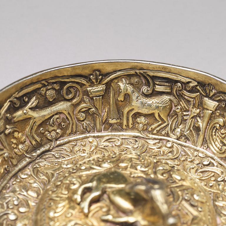 A parcel-gilt silver repoussé bowl, possibly Serbia 17th century, unmarked.