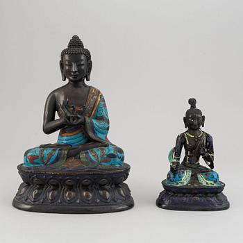 Two Chinese cloissone and bronze buddhas, 20th Century.