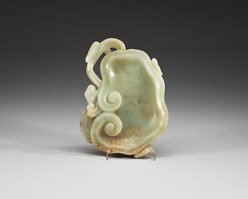 A large pale celadon nephrite brush washer with a wooden stand, Qing dynasty.