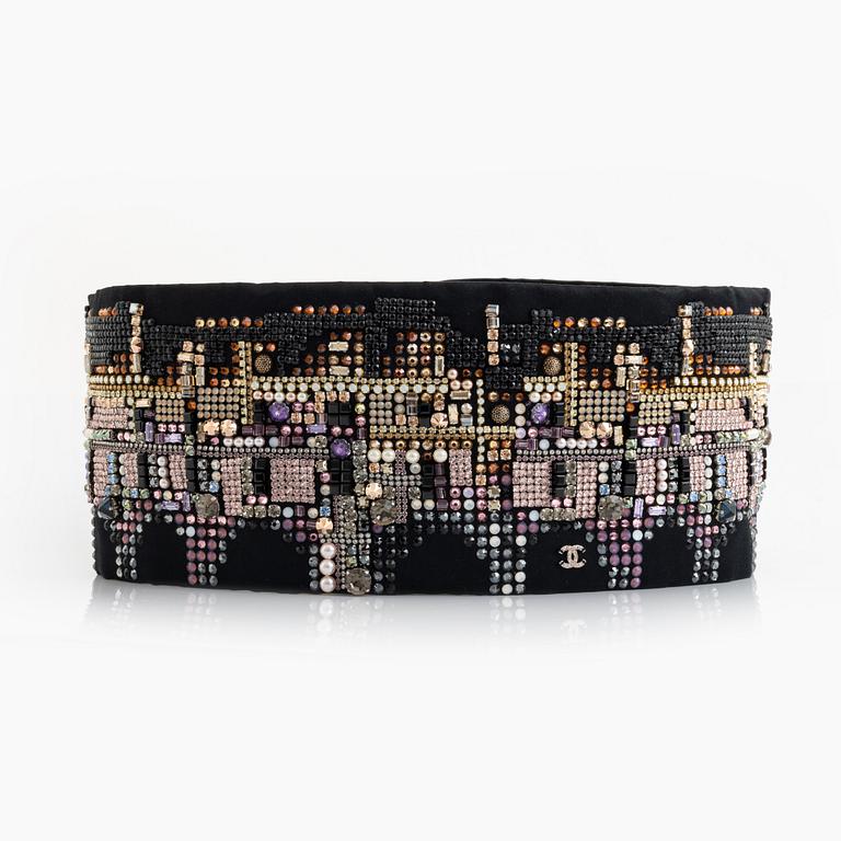 Chanel, a black silk and multicolour rhinestone belt, size 34.