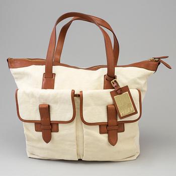 A white canvas and leather proprietor bag by Ralph Lauren.