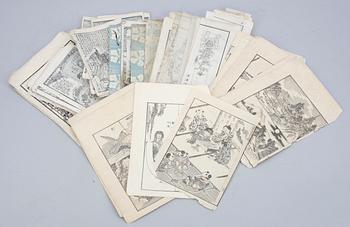 PARTI TRÄSNITT. ca 91 delar. Bland annat delar ur Hokusais Manga. Japan, 1800/1900-tal.