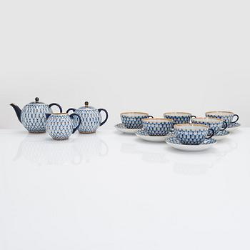 A 9-piece Lomonosov 'Cobalt Net' porcelain set for coffee and tea, USSR.