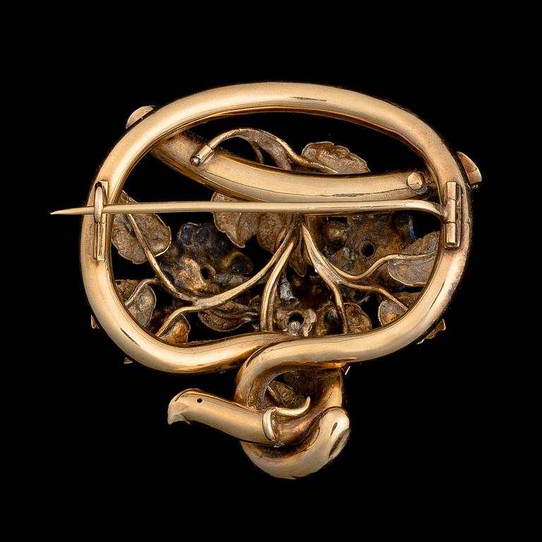BROSCH, 18K guld, rosenslipade diamanter, emalj.