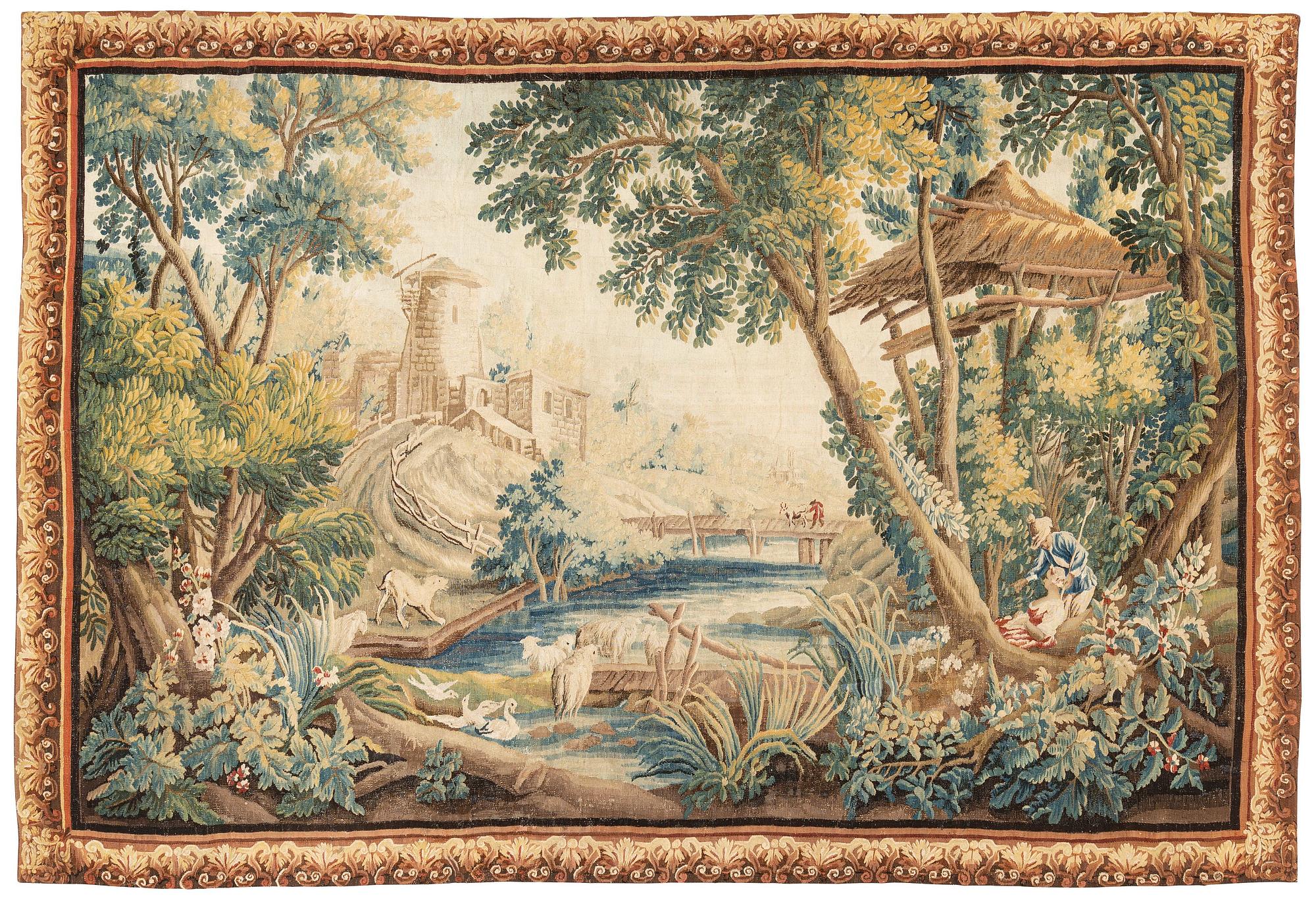 A tapestry "A Pastoral scene", tapestry weave, ca 275,5-278,5 x 407 cm, Aubusson, France, 18th century.