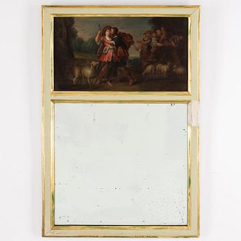 A mirror from around 1900 mounted with an 18/19th Century oil painting on canvas.