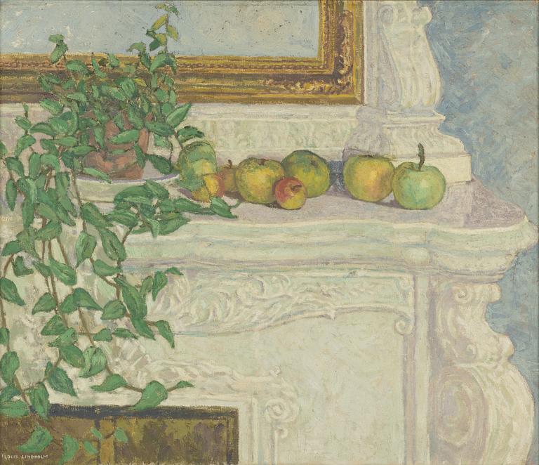 Louis Lindholm, Manteau de cheminée avec plante en pot et pommes (Mantlepiece with potted plant and apples).