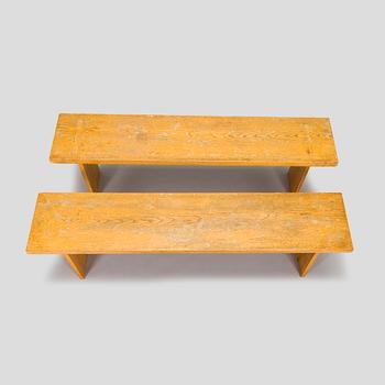 Dining table and two benches, mid-20th century.