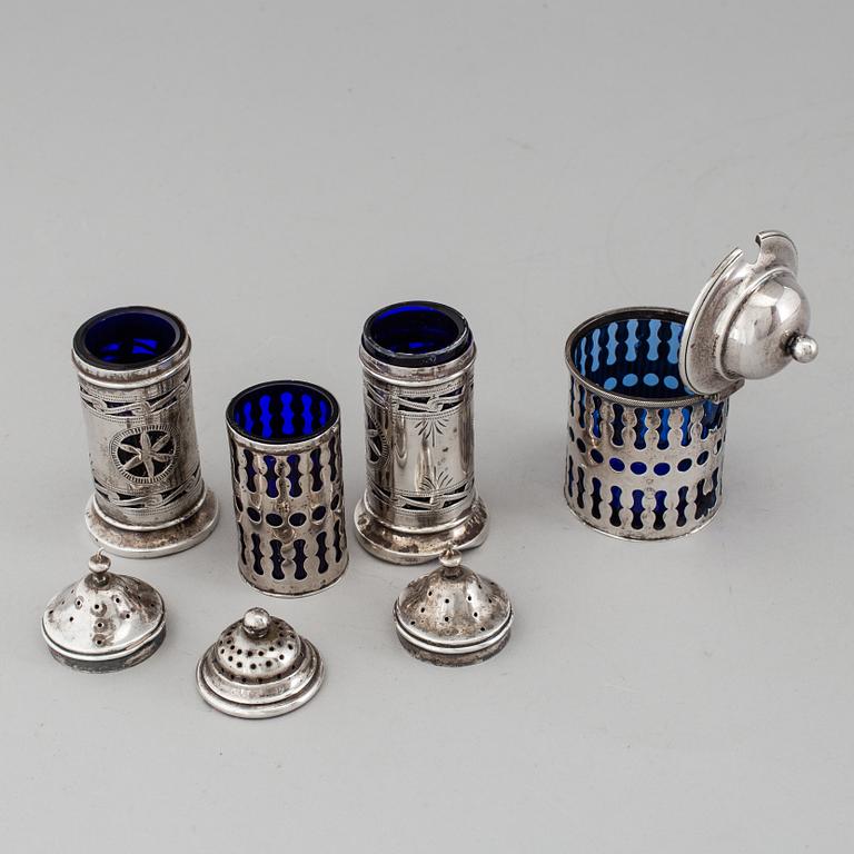 A set of three 20th century silver spice casters and a mustard jar, Denmark / England. Silver weight ca 152 g.