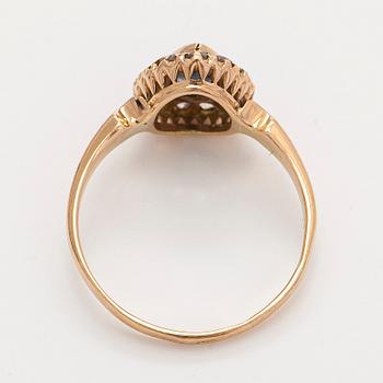 Ring, pear-shaped sapphire, rose-cut diamonds, 14K (56) gold.