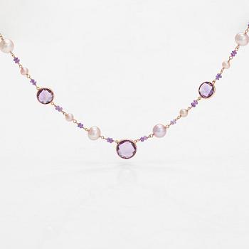 An 18K rose gold necklace, with amethysts and cultured pearls. Italy.
