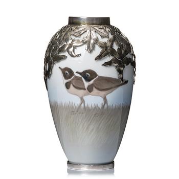 166. Anton Michelsen, & Royal Copenhagen, a porcelain vase with sterling silver base and rim, Copenhagen 1911.