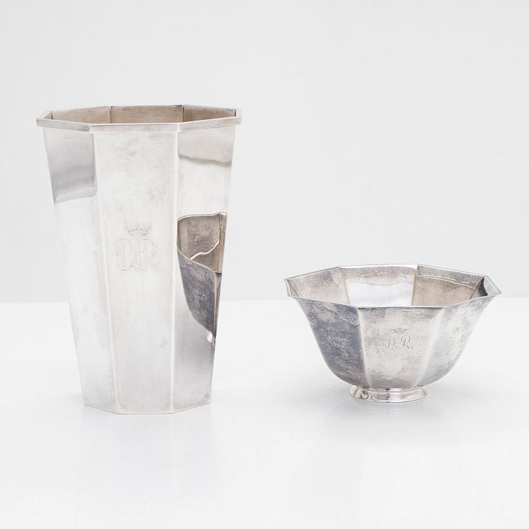 Vase and bowl, silver, GAB, Eskilstuna and Stockholm, 1979 and 1966.