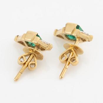 Earrings, gold with emeralds and triangular diamonds.