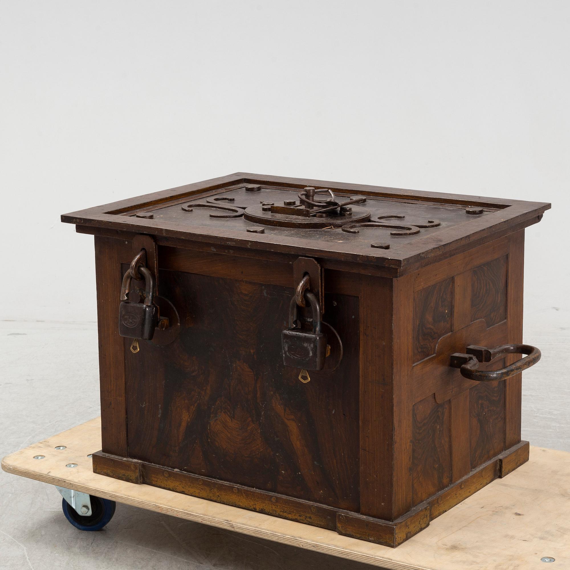A steel strongbox from around the year 1900.