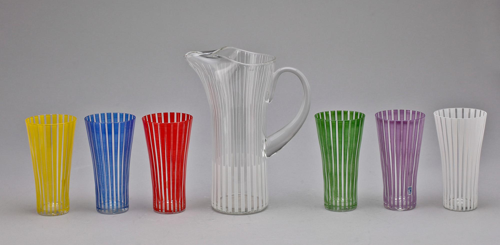 GLAS samt KANNA, 7 st, "Strikt", Bengt Orup, Johansfors, 1950-tal.