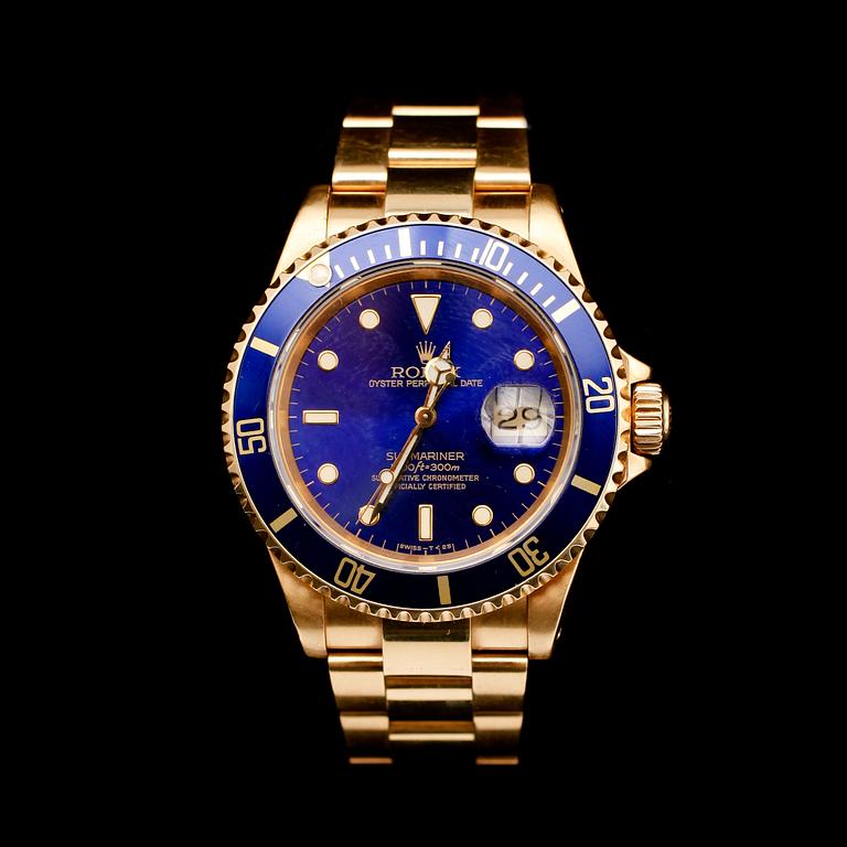 ARMBANDSUR, 18 k guld, Rolex Submariner Blue Dial, Oyster Perpetual Date, Chronometer. Inköpt 1993. Tot vikt 171 g.