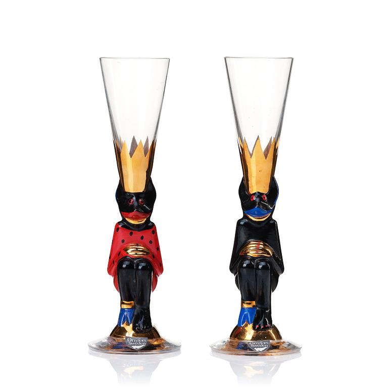 Gunnar Cyrén, two "Devil" shot glasses, from the "Nobel" series, Orrefors, Sweden post 1996.