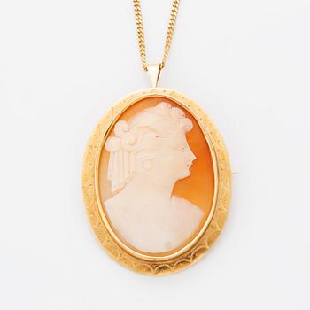 Hänge/brosch snäckalscamé med kedja 18K guld.