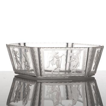 Simon Gate, an hexagonal engraved bowl, Orrefors, Sweden 1922, engraved by Richard Bayer, model nr 237.