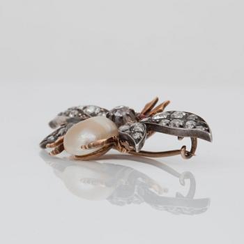 A antique- and rose- cut diamond and probably natural pearl brooch in the shape of a fly.