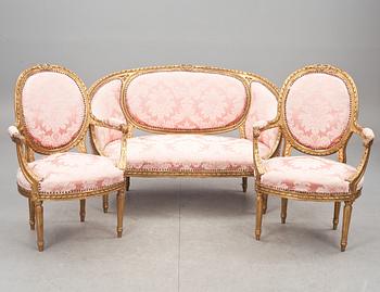 SOFFA och KARMSTOLAR, ett par, Louis XVI-stil, 1900-talets första hälft.