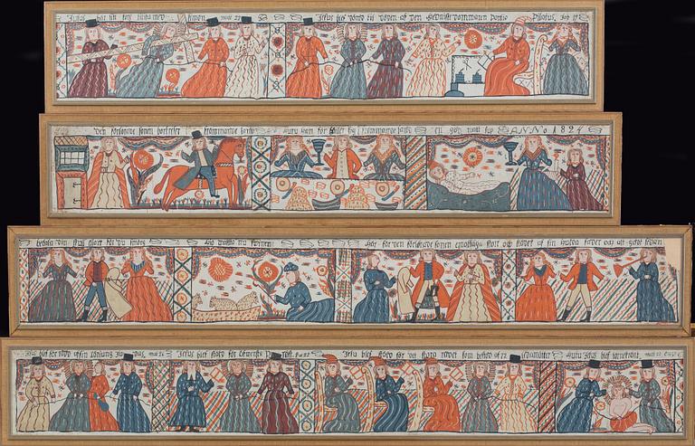 A SET OF 4  FOLK ART PAINTINGS FROM HALLAND/SMÅLAND 1824, SWEDEN.