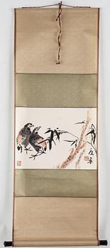 A hanging scroll, ink and colour on paper, signed Kang Ning (1938-).