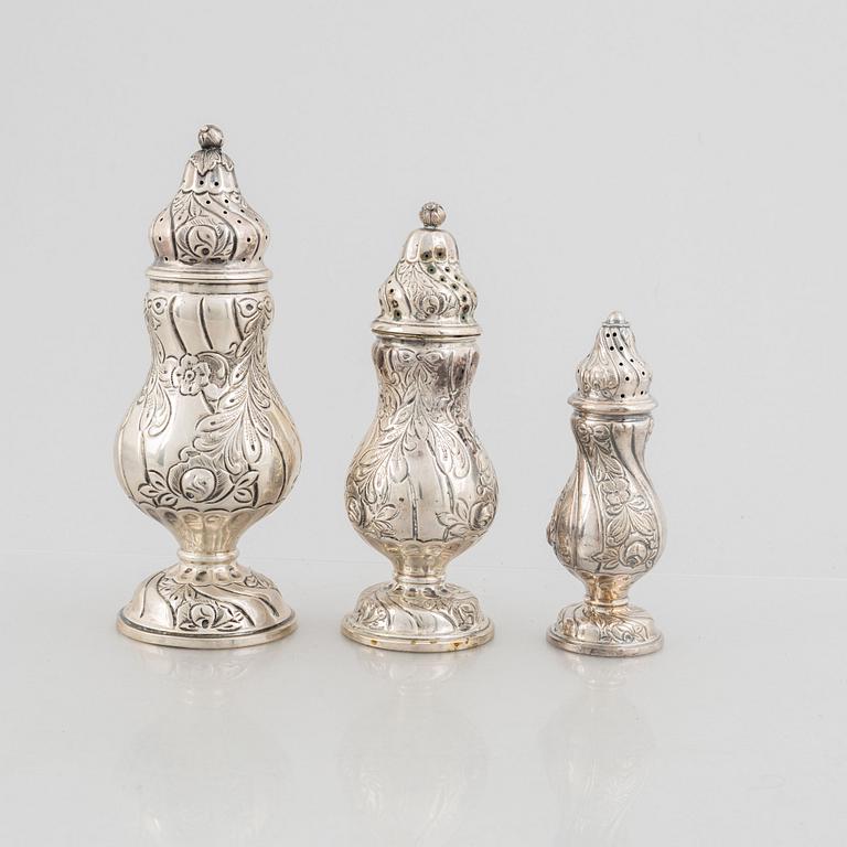 Three Rococo Style Silver Sugar Shakers, circa mid-20th Century.