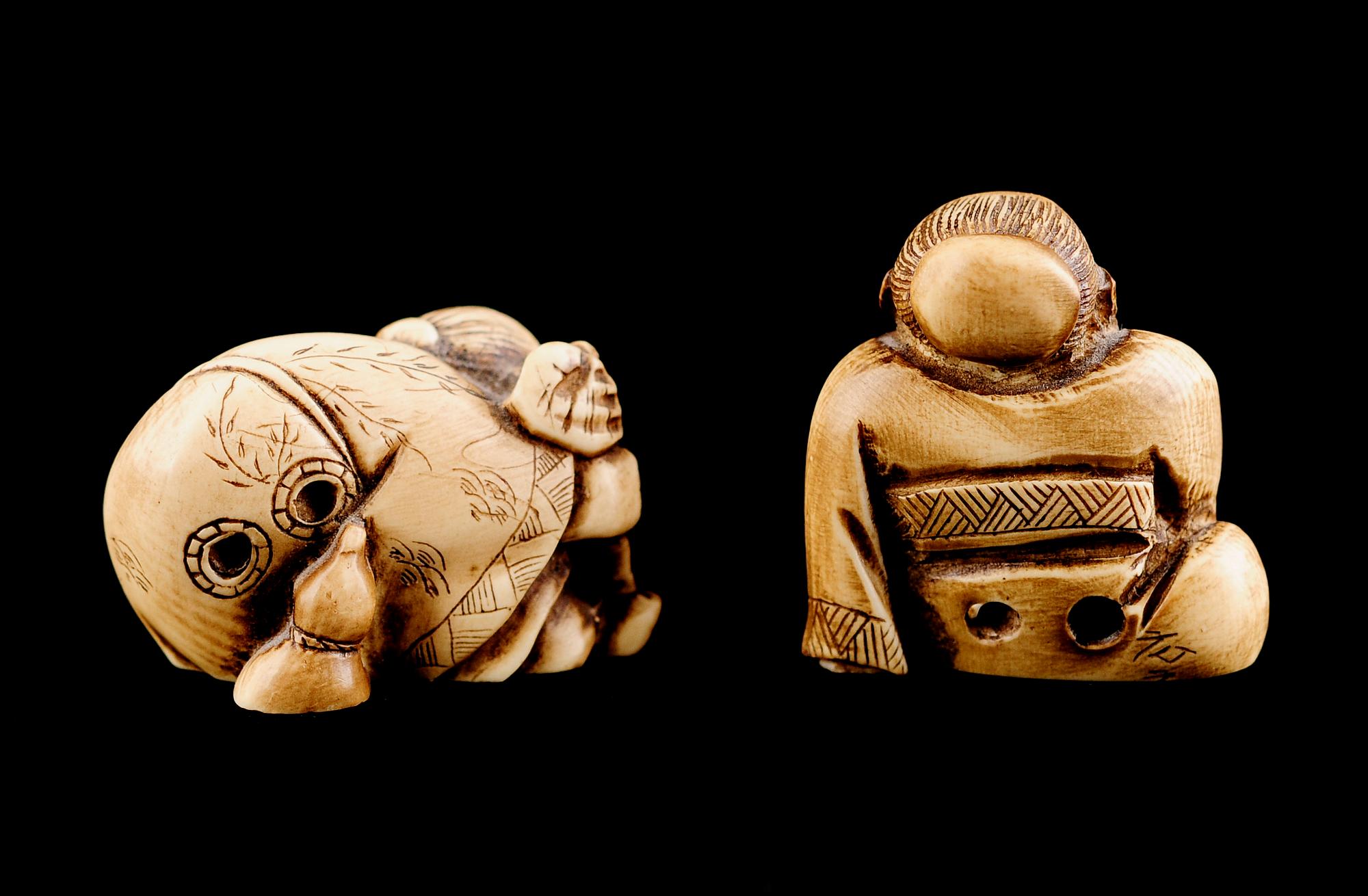 NETSUKE, 2 st, ben, orientaliska, 1800-/1900-tal.