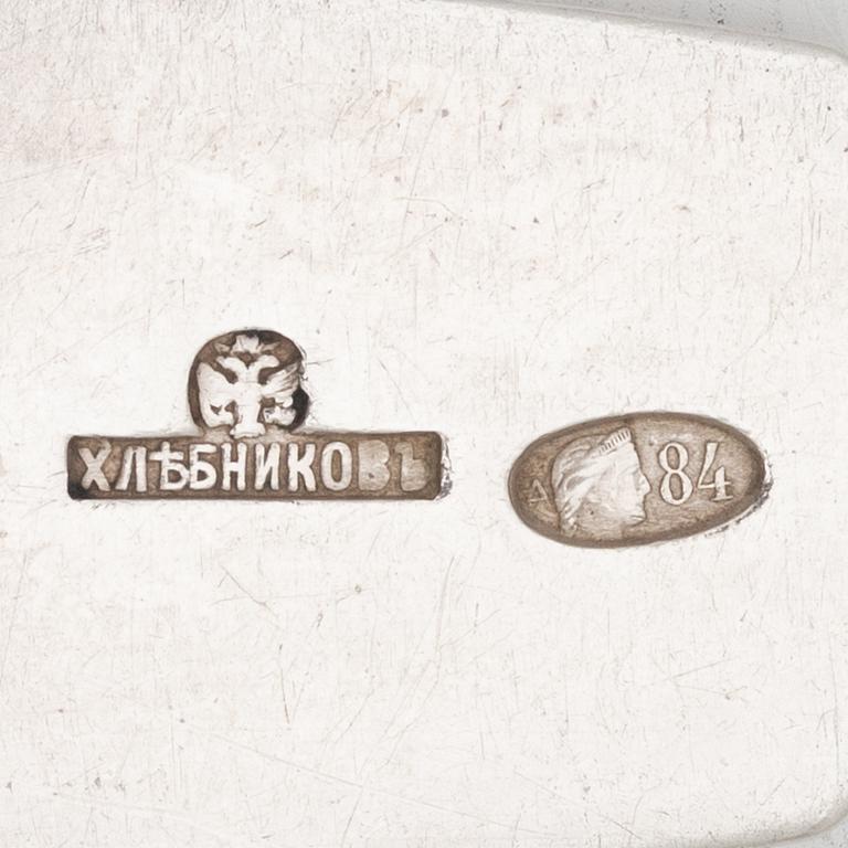 Six Russian silver dinner spoons, mark of Chlebnikov, Moscow, 1908–1926.