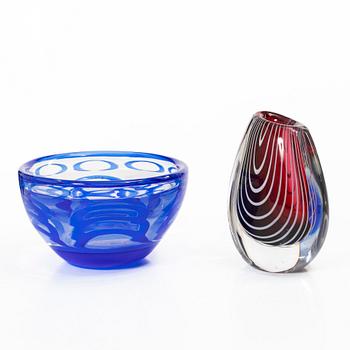 Ingeborg Lundin, bowl, graal, Orrefors, and Vicke Lindstrand, vase, "Zebra", Kosta.