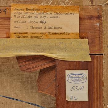 James Edwin Meadows, Sailing boats in rough weather by the coast with a lighthouse.