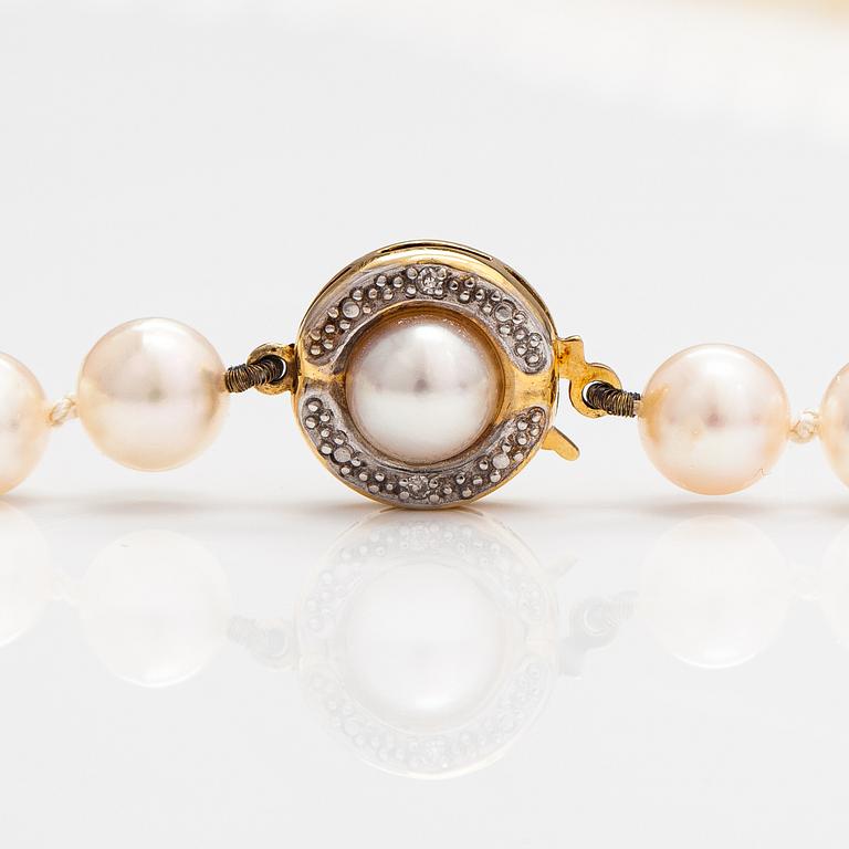 Pärlcollier, odlade pärlor, 14K guld och diamanter ca 0.01 ct tot. Mikimoto, Japan.