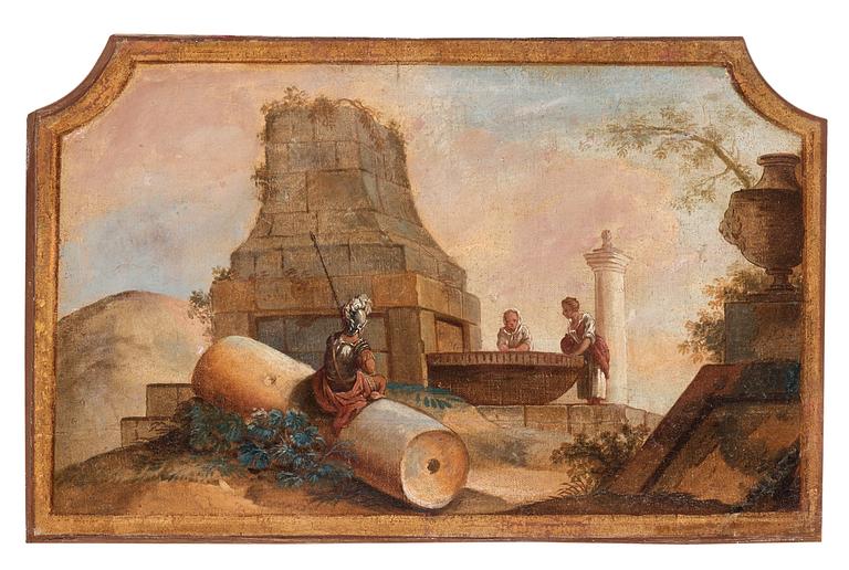 Johan Pasch Tillskrivna, Ruinlandskap med soldat och tvättande kvinna samt soldat och kvinnor vid brunn (2).