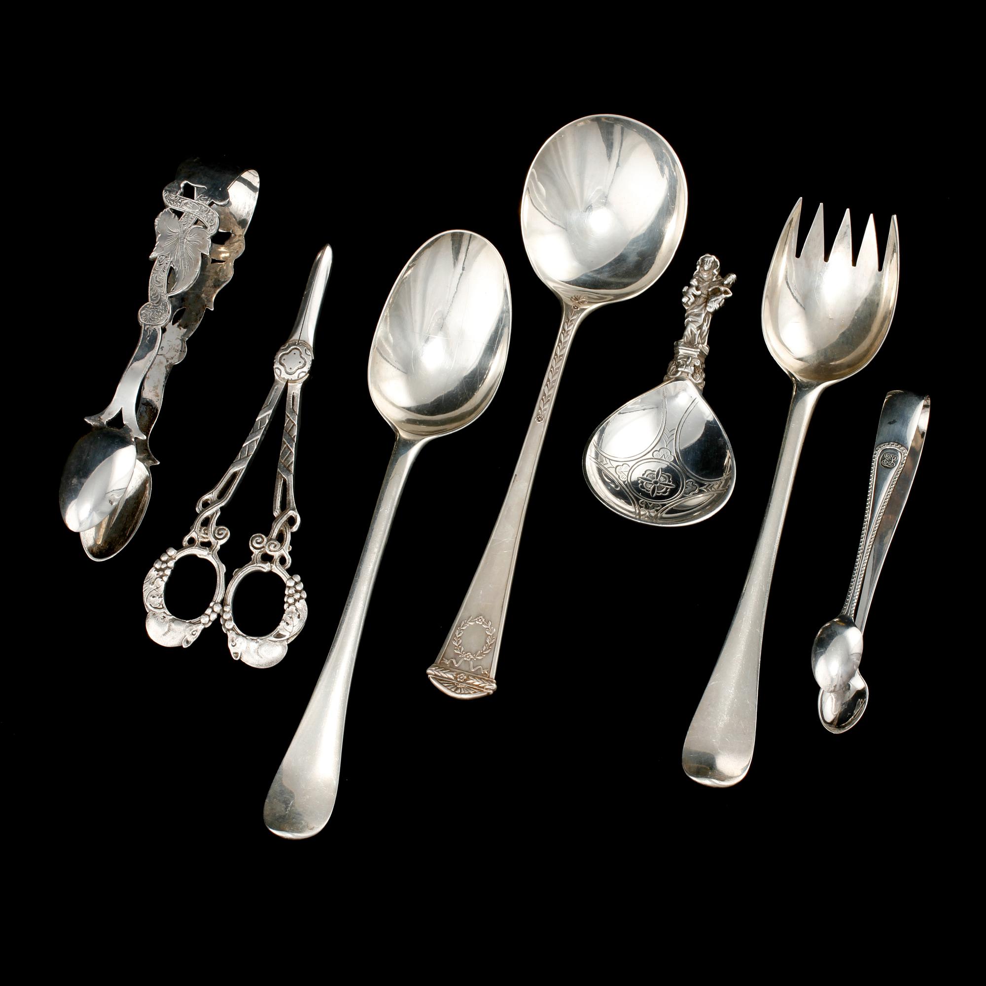 PARTI SILVERBESTICK, 6 delar, WA Bolin, Estland m m, 1800/1900-tal. Vikt 380 g.