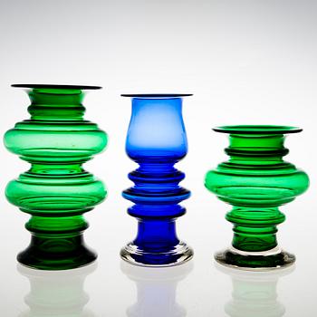 TAMARA ALADIN, Three 'Tornado' glass vases, two signed. Riihimäen Lasi 1970-73. Design year 1970.