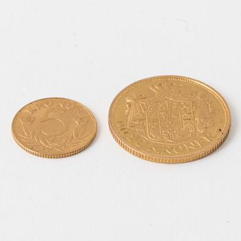 GULDMYNT, 20 kr, Fredrik VIII, Danmark, 1911, samt 5 kr, Gustav V, 1920.