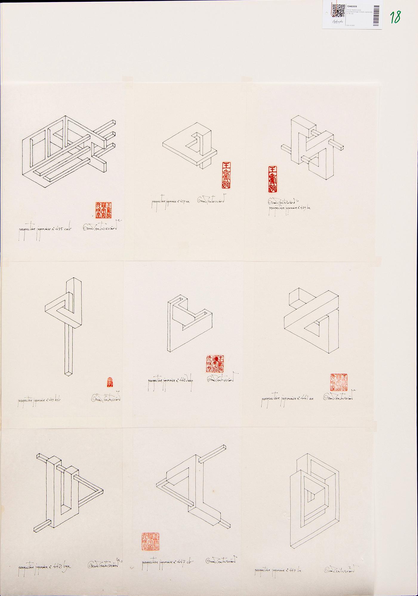Oscar Reutersvärd, ink drawings 9 sheets, signed, no 18.