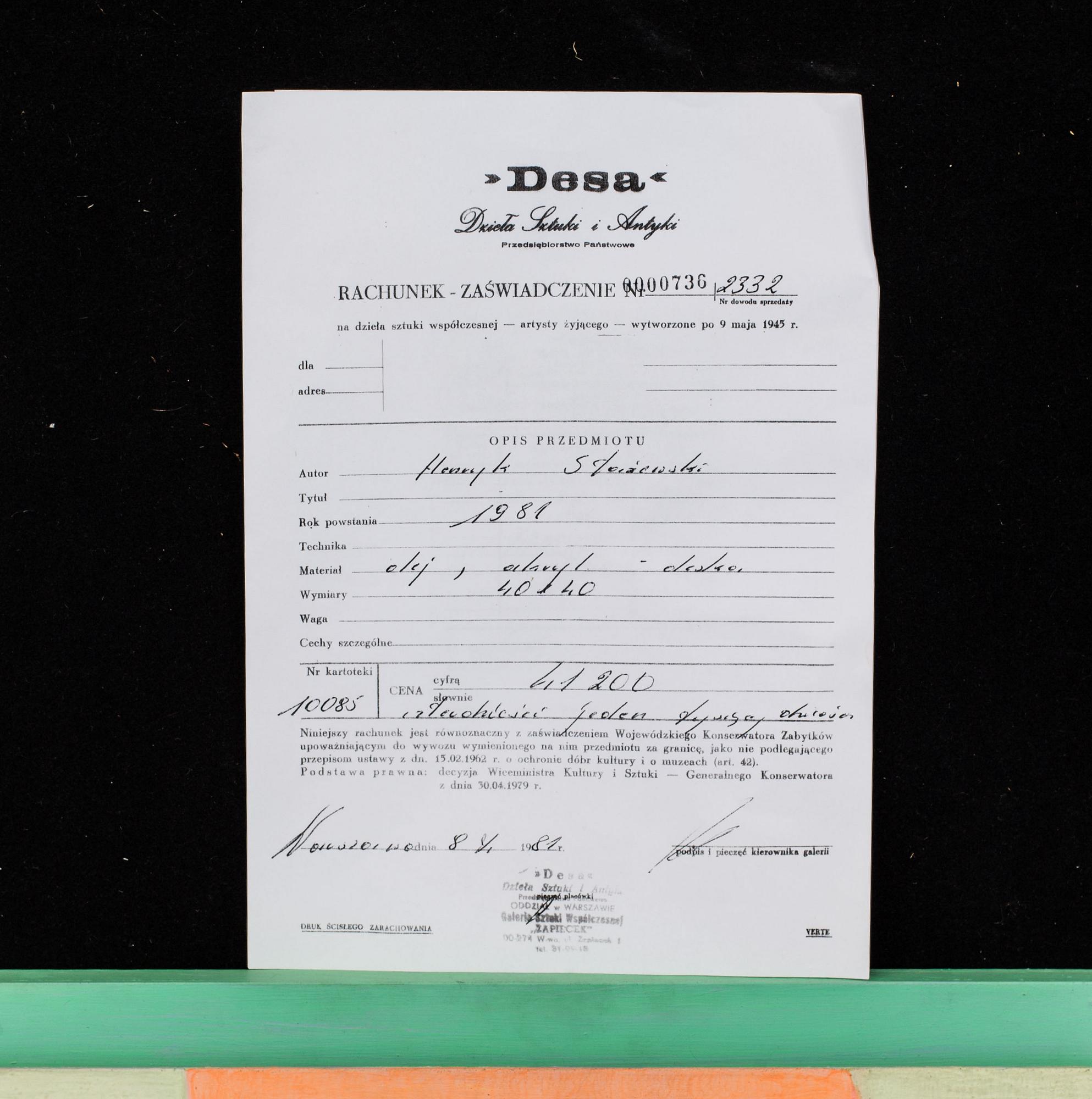 HENRYK STAZEWSKI, akryl på pannå, a tergo signerad o daterad 1981.