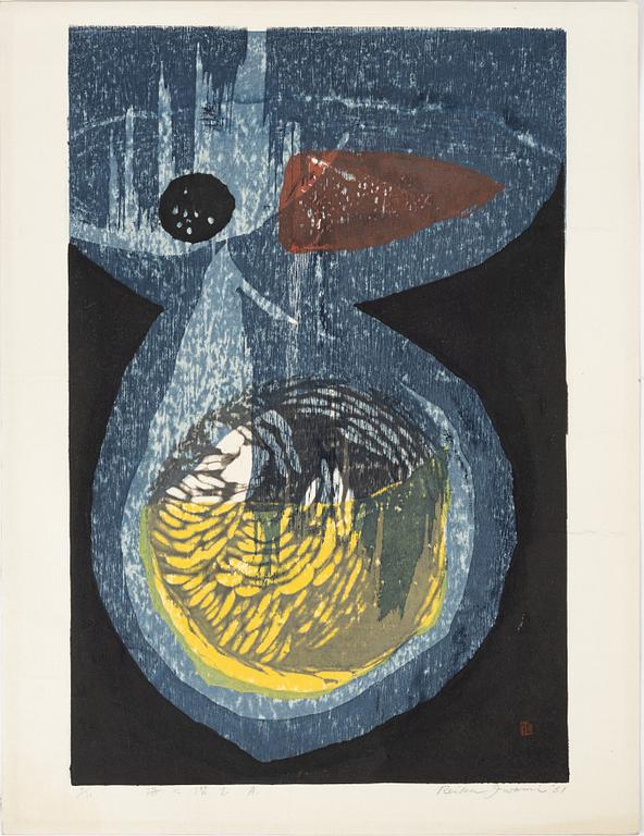Reika Iwami, two woodblock prints in colours, 1961, signed.